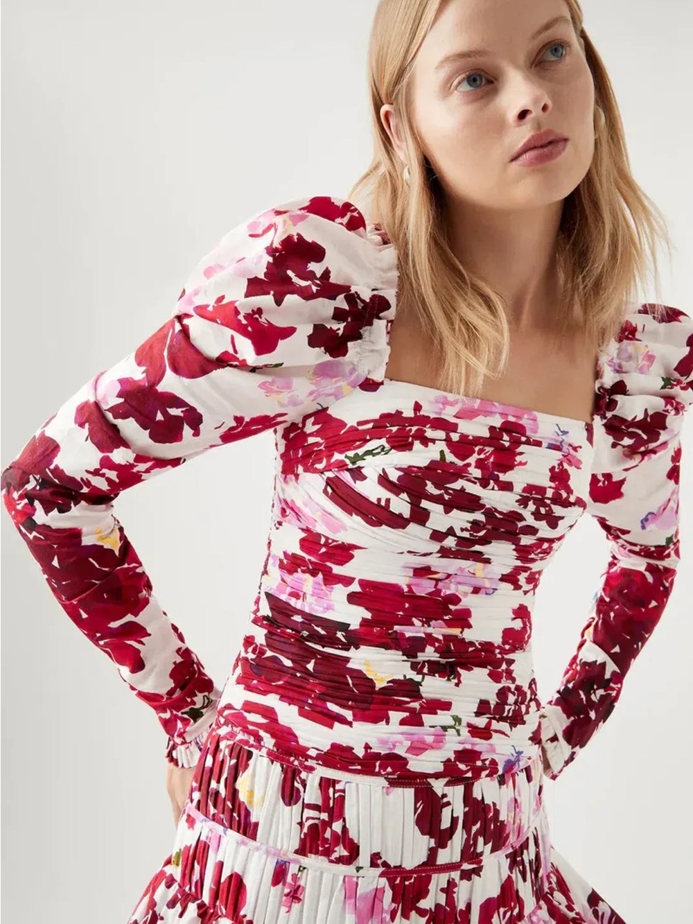 AJE Marlene Pleated Floral Print Cotton Top In Roses of Provence Size US 12